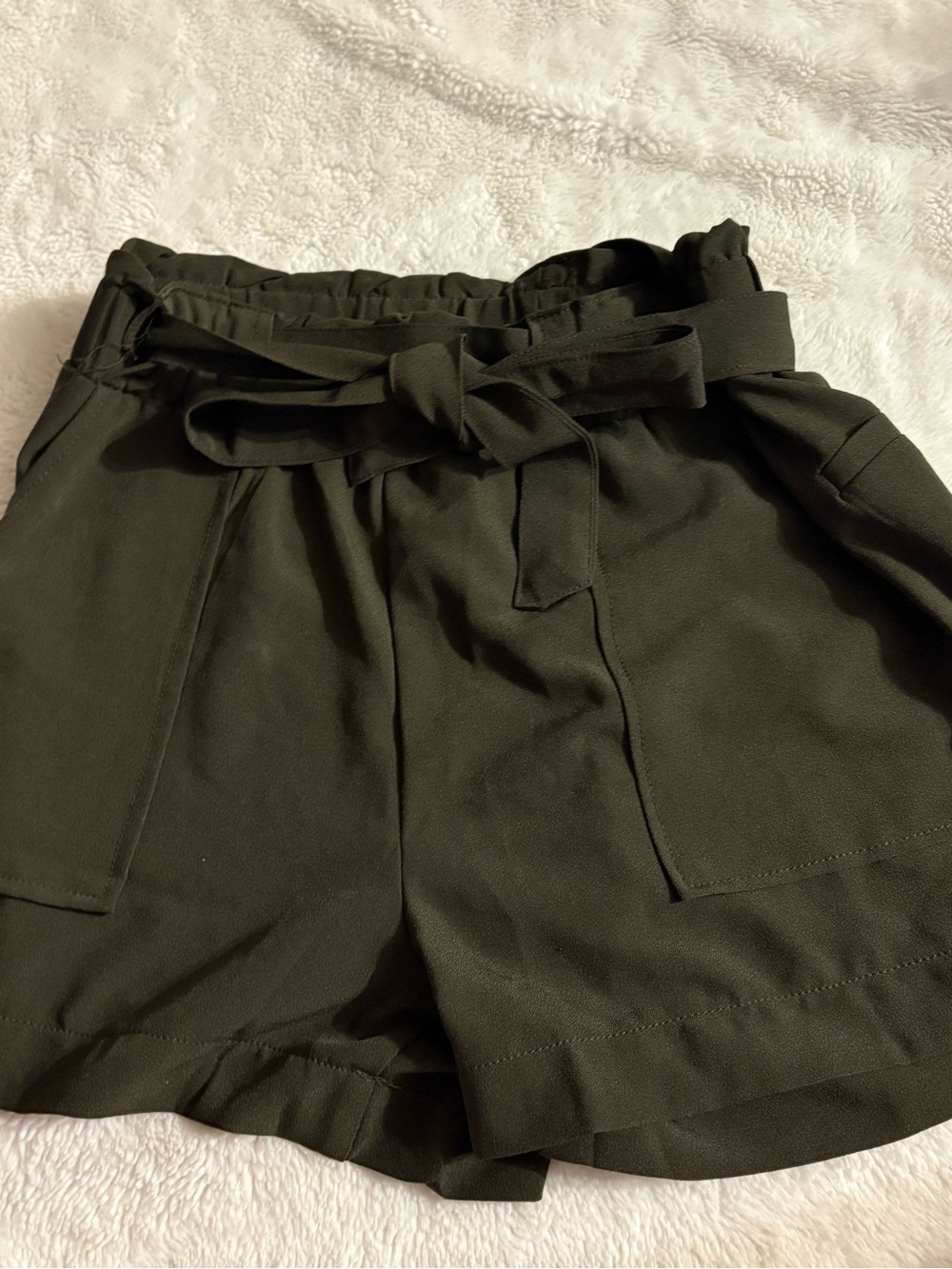 Ci Sono Olive Green High-Waist Paperbag Shorts with Self-Tie Belt